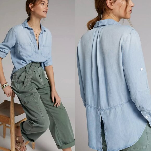 Anthropologie Cloth & Stone Blue Chambray Buttondown Shirt Sz M Lagenlook - Picture 2 of 13